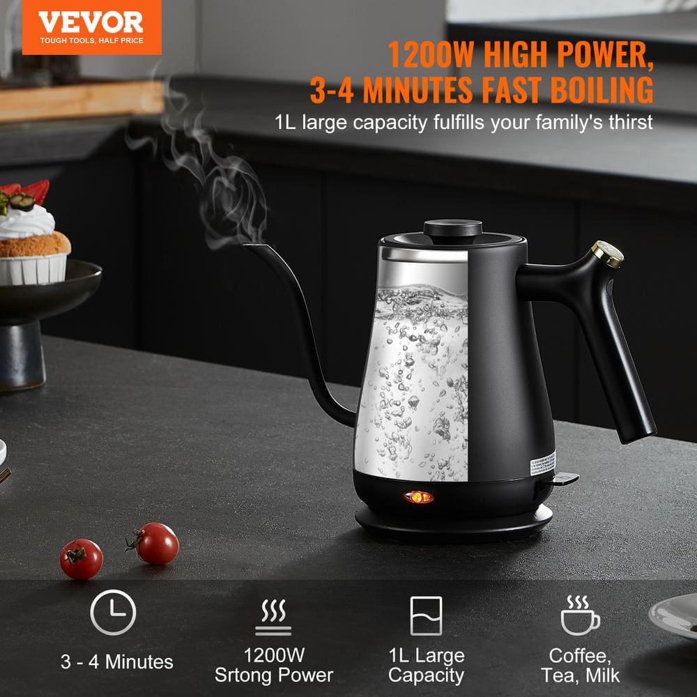 Black Stainless Steel 1L Electric Gooseneck Kettle