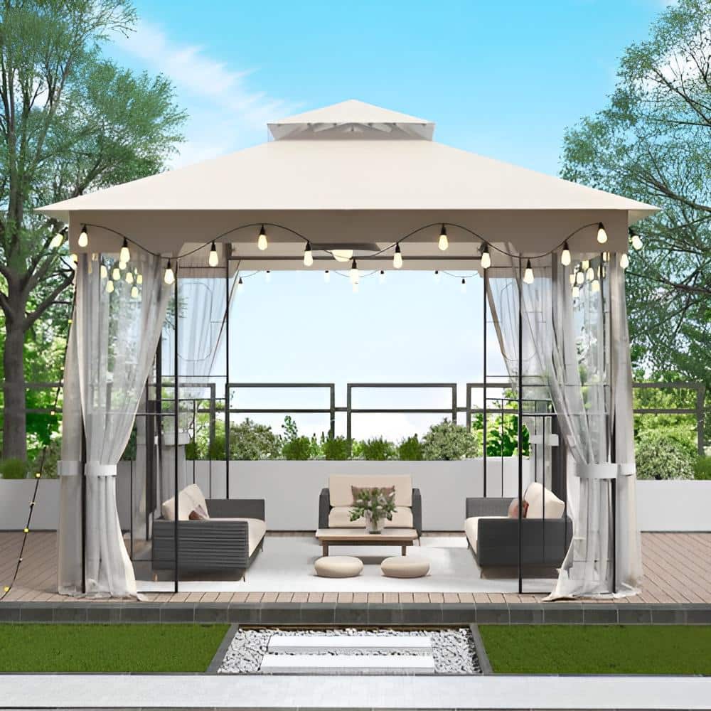 10 ft. x 10 ft. Beige Softtop Metal Gazebo with Mosquito Net and Curtains,D