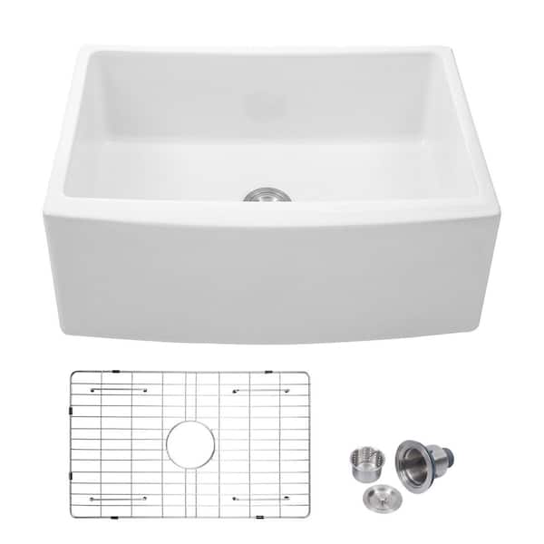 Logmey White Fireclay 24 in. Single Bowl Farmhouse Apron Kitchen Sink with Bottom Grid