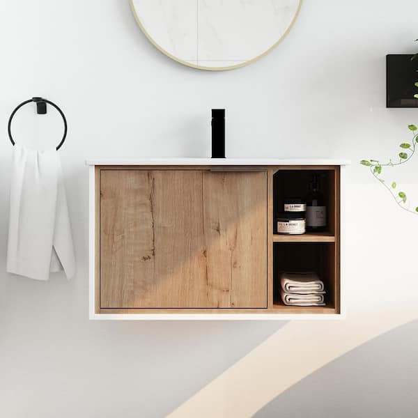 Staykiwi 30 in. W x 18.3 in. D x 18.5 in. H Floating Bath Vanity in Imitative Oak with White Ceramic Sink