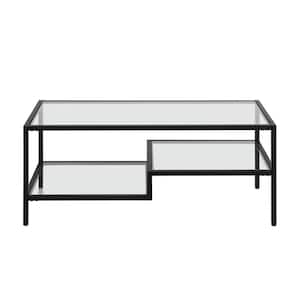 45 in. Black Rectangle Glass Coffee Table with Shelves;Storage