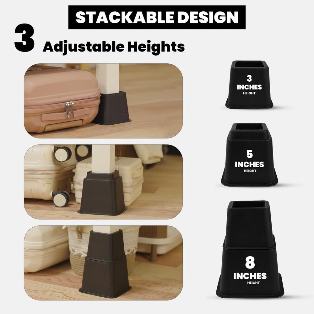 Adjustable height options for bed risers: 3, 5, and 8 inches.
