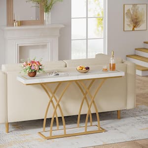 Benjamin 55 in. White Rectangle Particle Board Console Table with Geometric Metal Legs