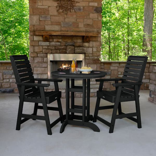 Weatherly Black 3-Piece Recycled Plastic Round Outdoor Balcony Height Dining Set