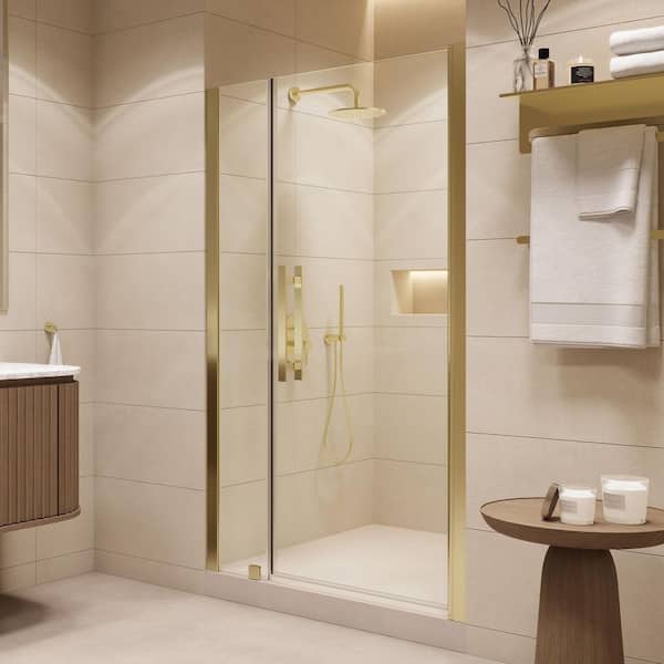 Pasadena 43.49 in. Max Width x 72.01 in. H Pivot Alcove Frameless Shower Door in Brushed Gold
