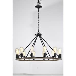 Indoor 12-Light Uplight Dark Wood Texture Metal Chandelier without Shade Adjustable Height
