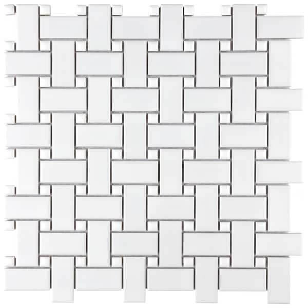Merola Tile Metro Basketweave White with Glossy White Dot 6 in. x 6 in. Porcelain Mosaic Take Home Tile Sample