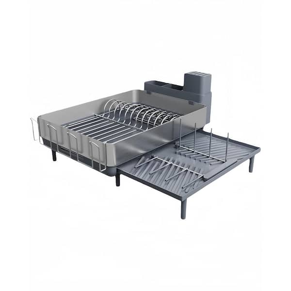 Gray 304 Stainless Steel Expandable Large Dish Drying Rack for Kitchen Counter with Drainer Multifunctional Flip Up Pegs