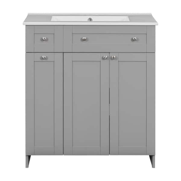 Aoibox 30 in W. 18 in. D x 34 in. H Single Sink Freestanding Bath Vanity in Grey with White Ceramic Top