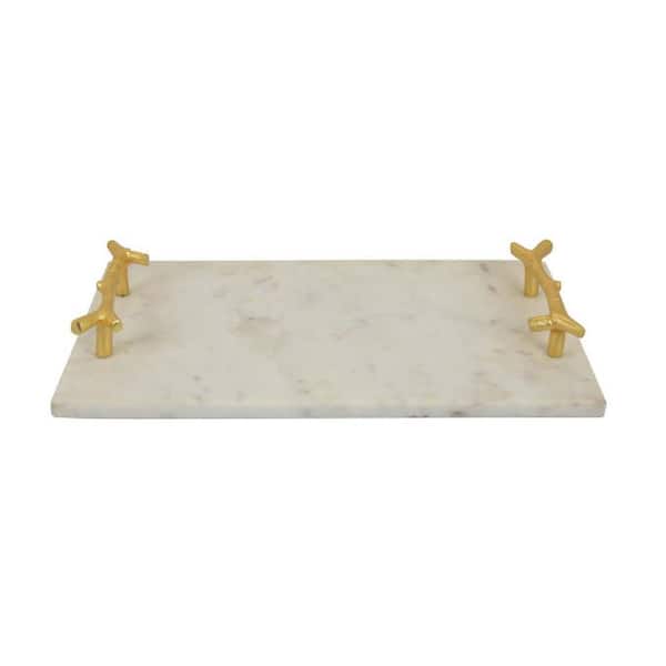 Pammy White Marble 16 Inch Decorative Tray with Gold Branch-Like Handles