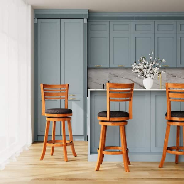 Cedarlyn 30 in. H Natural Wood Frame Slatted Back Bar Height Swivel Bar Stool with Charcoal Fabric Seat