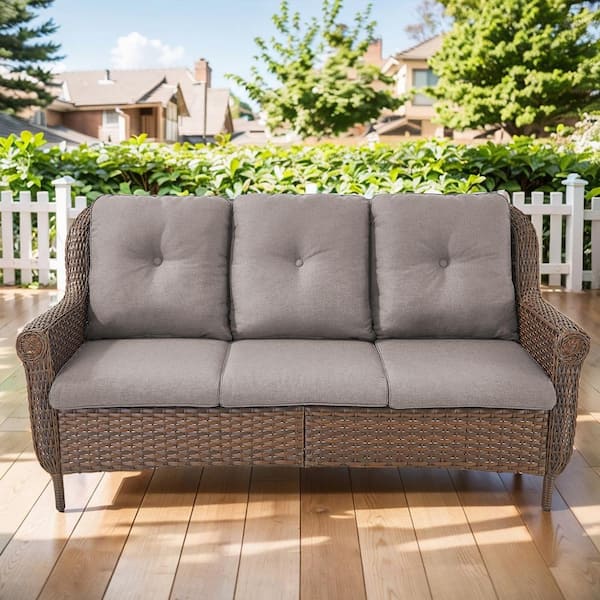 Chryswirl Metal and Brown Wicker Patio Outdoor 3-Seat Sectional Couch Sofa with Olefin Gray Cushions