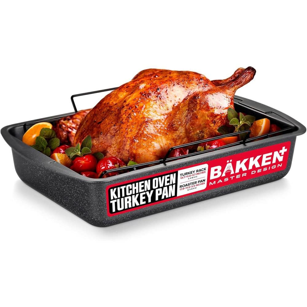 Nonstick Turkey Roasting Pan with Rack-17 X 13 inch Large Heavy-Duty Carbon Steel Roasting Pan, Gray Marble