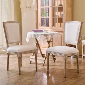 Beige French Side Chairs (Set of 2) with Carved Wood Legs and Linen Upholstery