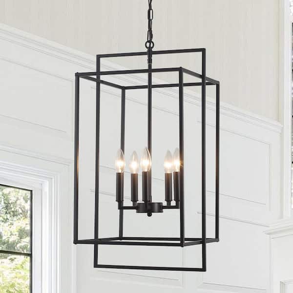 ADSENSTY 5 Light Black Dimmable Geometric Lantern Chandelier for Living Bedroom Room with No Bulbs Included