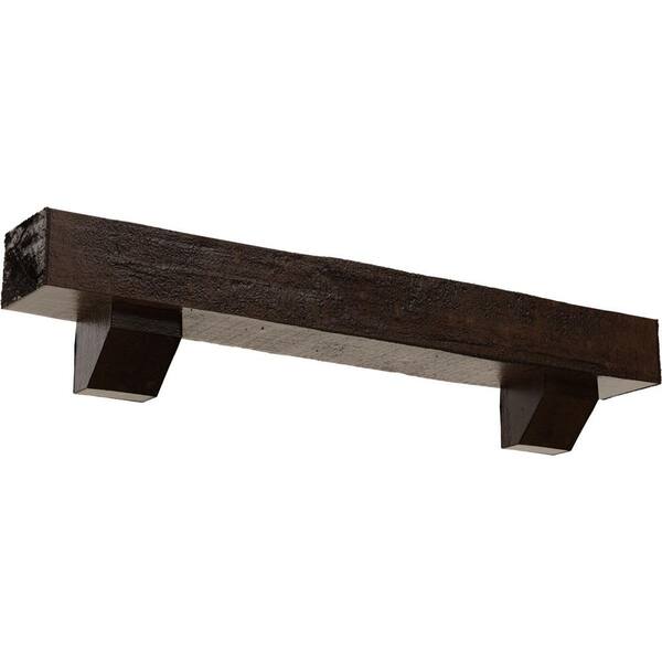 Ekena Millwork 4 in. x 4 in. x 5 ft. Rough Cedar Faux Wood Fireplace Mantel Kit, Ashford Corbels, Premium Aged