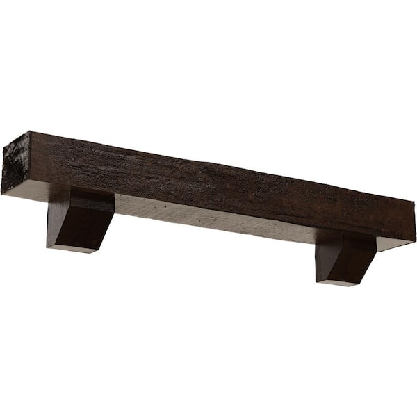 Ekena Millwork 4 in. x 8 in. x 7 ft. Rough Cedar Faux Wood Fireplace Mantel Kit, Ashford Corbels, Premium Aged