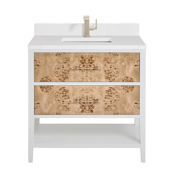 James Martin Vanities Olena 36.0 in. W x 23.5 in. D x 36 in. H Single Bath Vanity Polished White and Light Mappa Burl & White Zeus Quartz Top