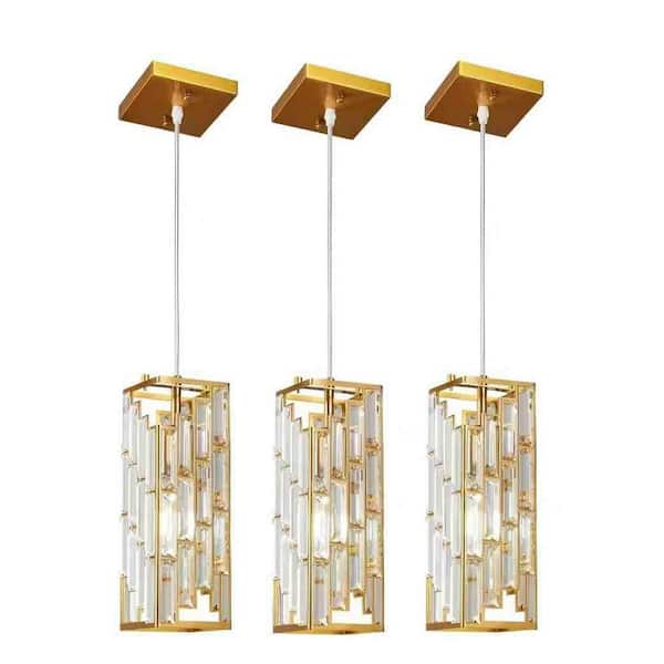 (3-Pack) 1-Light Gold Crystal Prism Design Pendant Light Chandelier with Adjustable Hanging Ceiling Lamp, Black