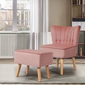 Pink Leisure Chair and Ottoman Thick Padded Button Tufted Sofa Set with Wood Legs