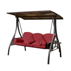3-Person Metal 3-in-1 Convertible Outdoor Patio Porch Swing with Red Thicken Cushion, Pillows and Cup Holders