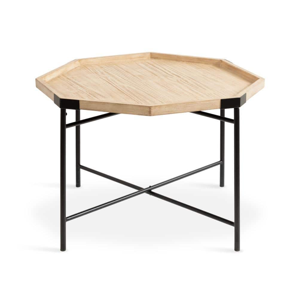 Natural Octagon Wood and Metal Coffee Table, 28x26x18