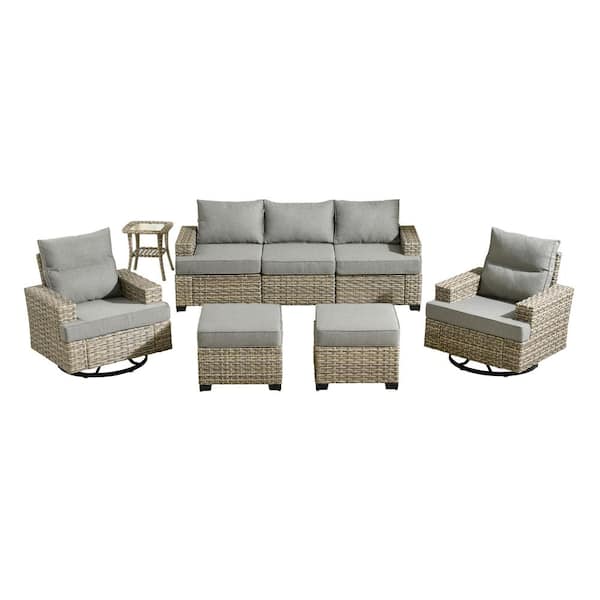 Kelleys 8-Piece Wicker Modern Outdoor Patio Conversation Sofa Set with Swivel Chairs and Dark Grey Cushions