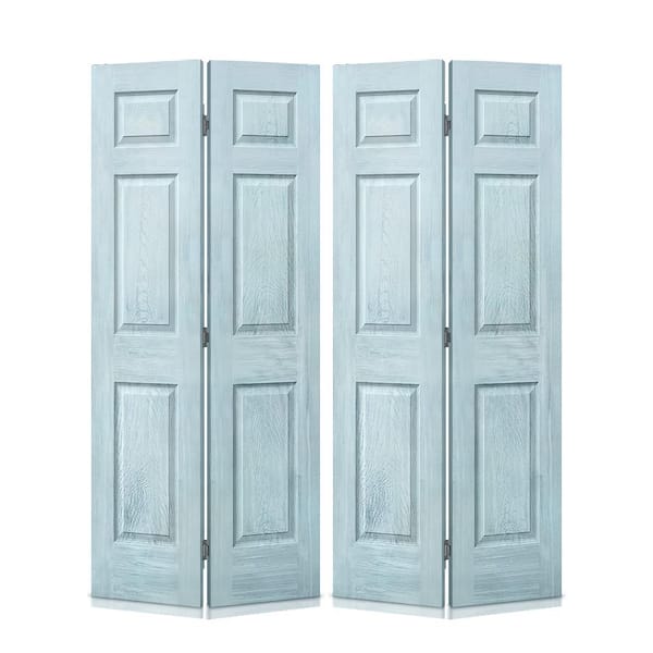 CALHOME 60 in. x 80 in. Vintage Denim Blue Stain 6 Panel MDF Composite Bi-Fold Double Closet Door with Hardware Kit