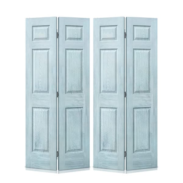 CALHOME 72 in. x 80 in. Vintage Denim Blue Stain 6 Panel MDF Composite Bi-Fold Double Closet Door with Hardware Kit