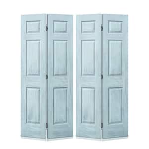 48 in. x 84 in. Vintage Denim Blue Stain 6-Panel MDF Hollow Core Composite Bi-Fold Double Closet Door with Hardware Kit