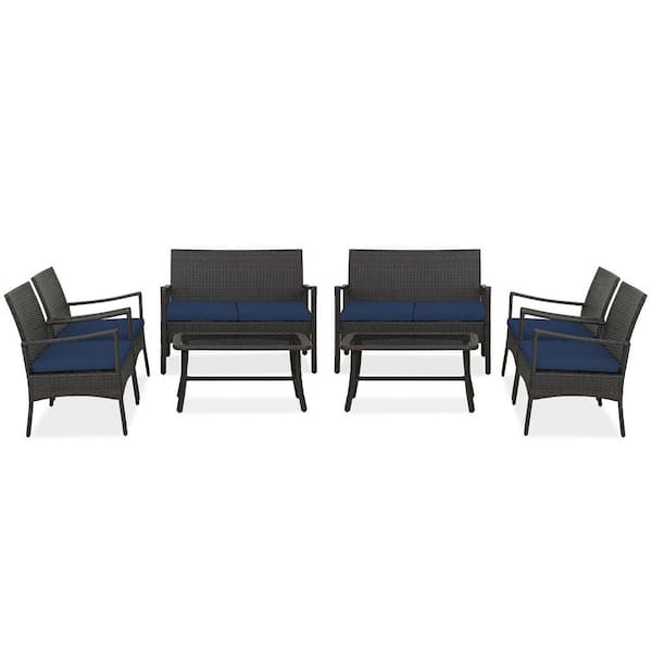 Gymax 8-Pieces Outdoor Patio PE Wicker Sofa with Tempered Glass Coffee Table for Porch and Backyard