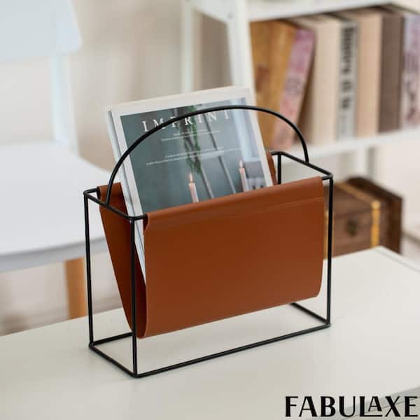 Arch Gold-Tone Metal Magazine Rack with Brown Faux Leather Sling Freestanding Organizer