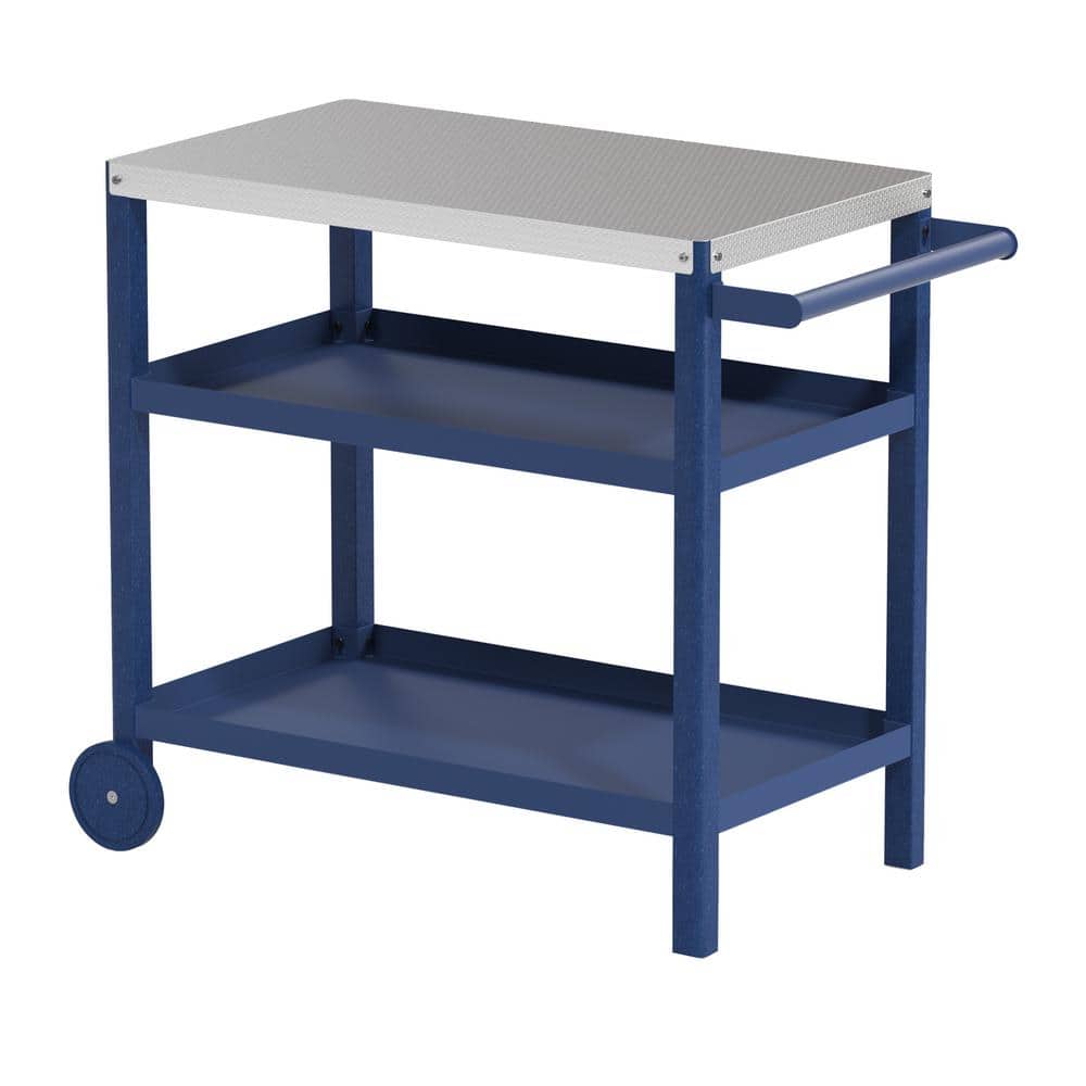 Blue 3-Shelf Storage Outdoor Steel Grill Cart with Navy HDPE Legs
