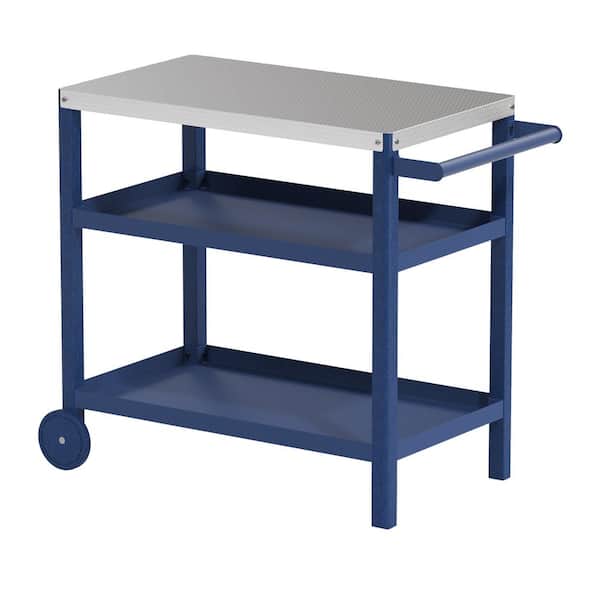 Unbranded Blue 3-Shelf Storage Outdoor Steel Grill Cart with Navy HDPE Legs