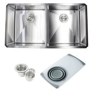 Undermount 16-Gauge Stainless Steel 37x20x10 in. 50/50 Double Bowl Kitchen Sink w/ Cutting Board Colander and Strainer