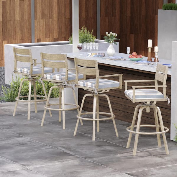 Swivel Aluminum Wood Grain Frame Outdoor Bar Stool with Milano Char Striped Sunbrella Cushions (4-Pack)