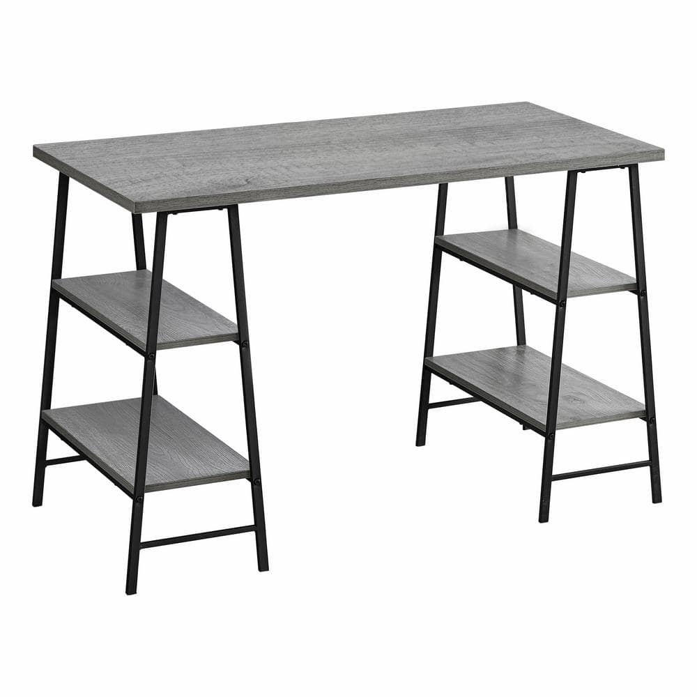 48 in. L Grey Wood-Look Black Metal Computer Desk 3-Tiers 4-Open Shelves Sa