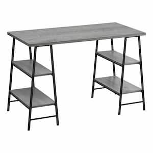 48 in. L Grey Wood-Look Black Metal Computer Desk 3-Tiers 4-Open Shelves Sawhorse Style