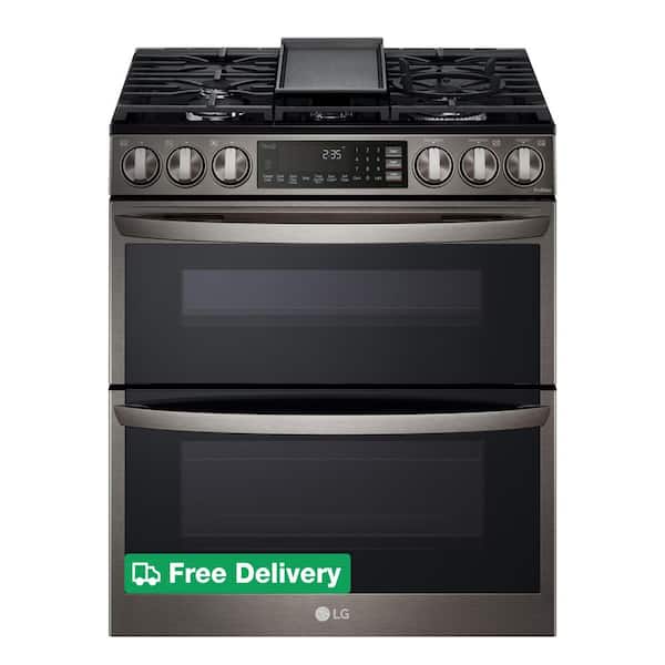 30 in. W 6.9 cu. ft. Smart Slide-In Double Oven Gas Range with ProBake and InstaView in Printproof Black Stainless Steel