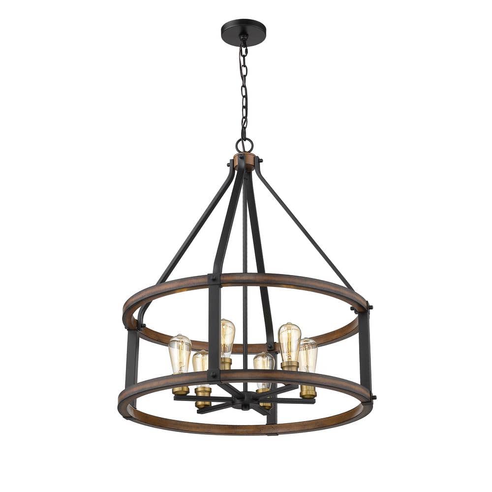 Rustic Mahogany 25" LED Drum Chandelier with Faux Barnwood