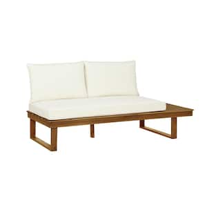 Didier Natural Brown Wood Outdoor Right-Side Loveseat with Beige Polyester Cushions
