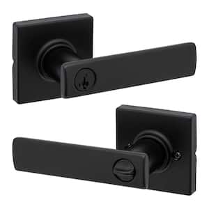 Breton Square Matte Black Keyed Entry Door Handle Featuring SmartKey Technology and Microban