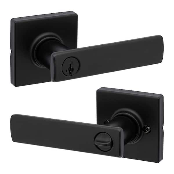 Kwikset Breton Square Matte Black Keyed Entry Door Handle Featuring SmartKey Technology and Microban