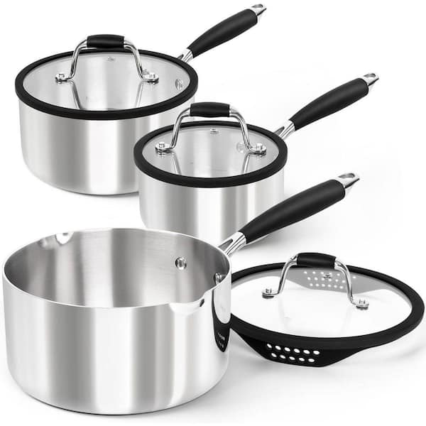 1qt. 2 qt. & 3 qt. Triply Stainless Steel Nonstick Sauce Pan Set with Lid Induction Compatible in Silver, 3-Piece