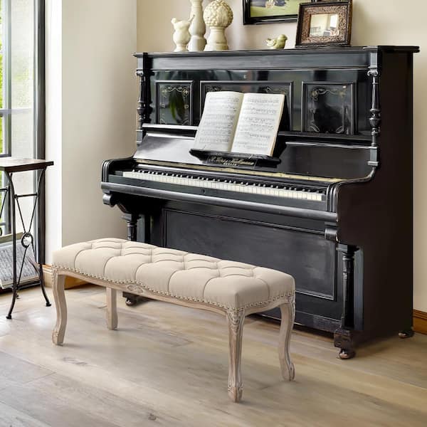 45 in. Linen Solid Wood Upholstered Vintage Entryway Bench Bedroom Bench Ottoman Tufted End of Bed Bench for Living Room