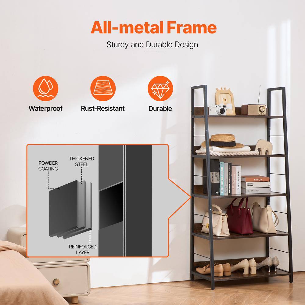 Tall Brown Matte 5-Tier Ladder Metal Bookshelf
