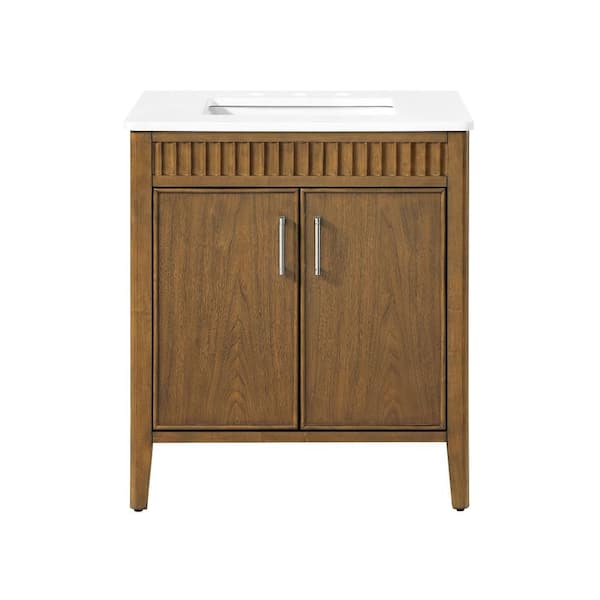 Juliette 30 in. Single Sink Freestanding Warm Walnut Bath Vanity with White Quartz Top and Brushed Nickel Hardware