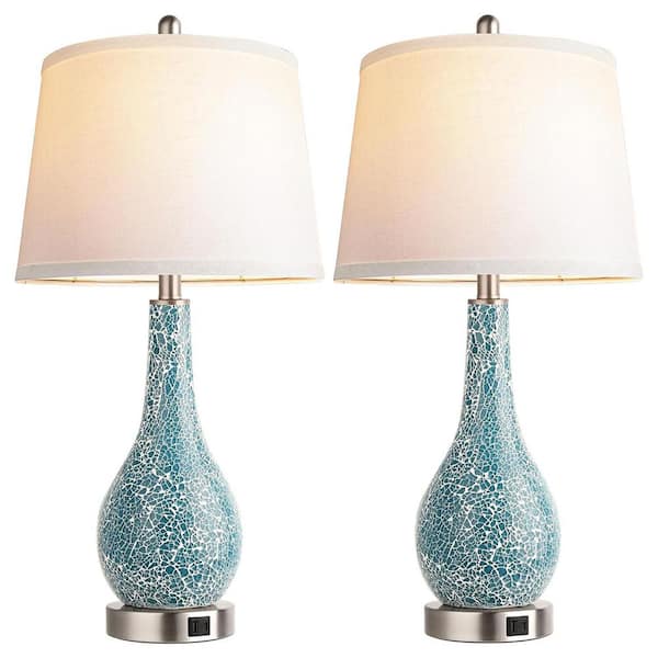 Rottogoon 26 in. Blue Table Lamps for Bedroom (Set of 2), Modern Bedside Lamp with USB Ports White Shade, LED Bulb Included