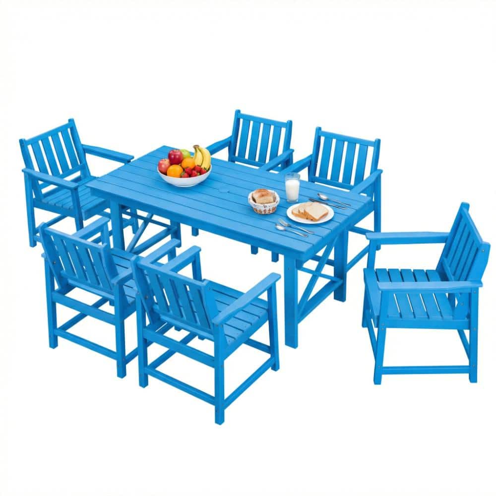 All Weather HDPE Patio Dining Set of 7, 6 Dining Chairs and Rectangle Dining Table with Umbrella Hole, Blue price history on PriceWatchPro