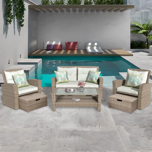 Tenleaf Beige Brown 4-Piece Wicker Patio Conversation Set with Ottoman and Beige Cushions